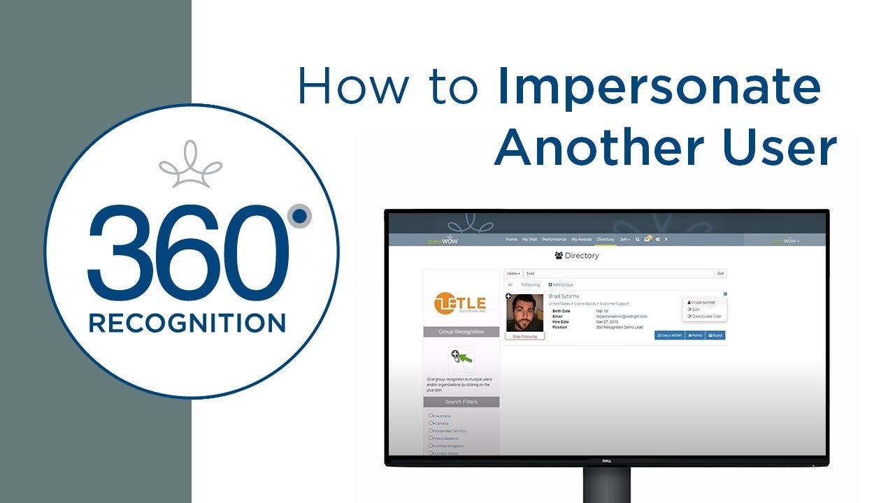 Video cover of how to impersonate another user showing a computer monitor with the Give a WOW platform