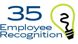 text that reats 35 Employee Recognition Ideas with a lightbulb icon to the right