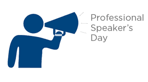 Blue human figure with a megaphone and text that says Professional Speaker's Day
