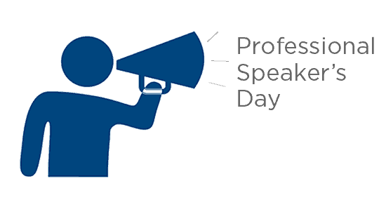 Blue human figure with a megaphone and text that says Professional Speaker's Day