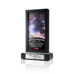 Black framed safety award with pink, blue and purple galaxy graphic