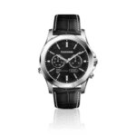 Watch with black leather band, silver case and black face