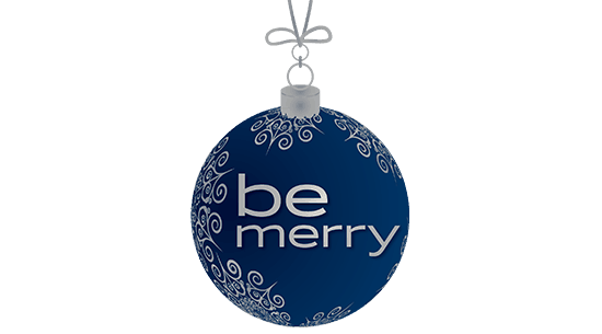Blue christmas ornament with white snowflakes and text that reads be merry