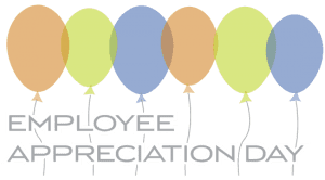 Orange, green and blue balloon graphics that are above text that says Employee Appreciation Day