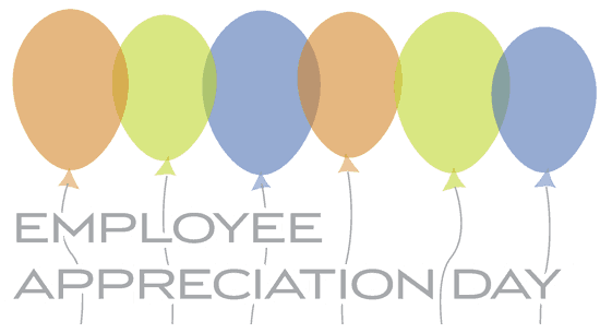 Orange, green and blue balloon graphics that are above text that says Employee Appreciation Day