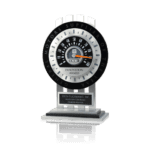 Silver and black award clock that looks like a speedometer