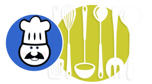 Graphic of a man with a mustache and chef hat next to cookign utensils