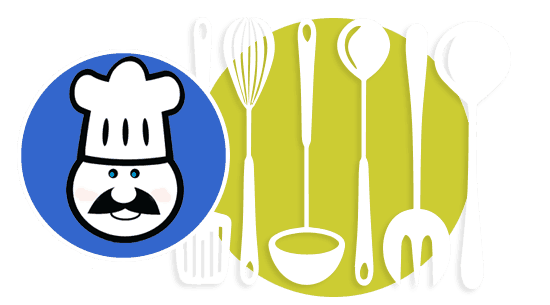 Graphic of a man with a mustache and chef hat next to cookign utensils