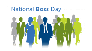 Text that read National Boss Day with green, gray and blue silhouettes of people
