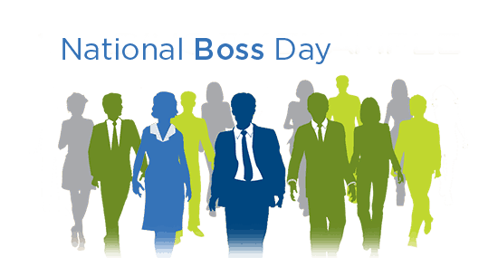 Text that read National Boss Day with green, gray and blue silhouettes of people