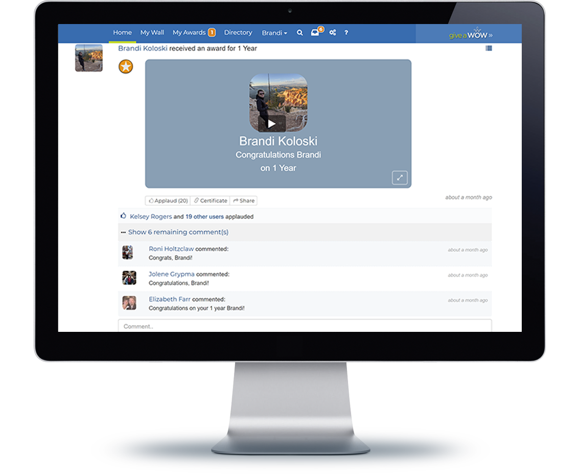 RecognitionReel Computer monitor showing a 1 year award on Terryberry's Give a WOW platform