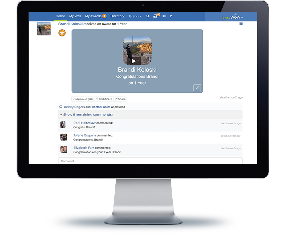 Computer monitor showing a 1 year award on Terryberry's Give a WOW platform