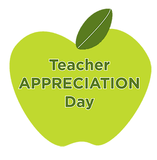 Green apple graphic with dark green text in the center that says Teacher Appreciation Day