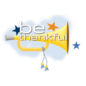 Gold horn graphic with blue and orange stars behind white text that says be thankful