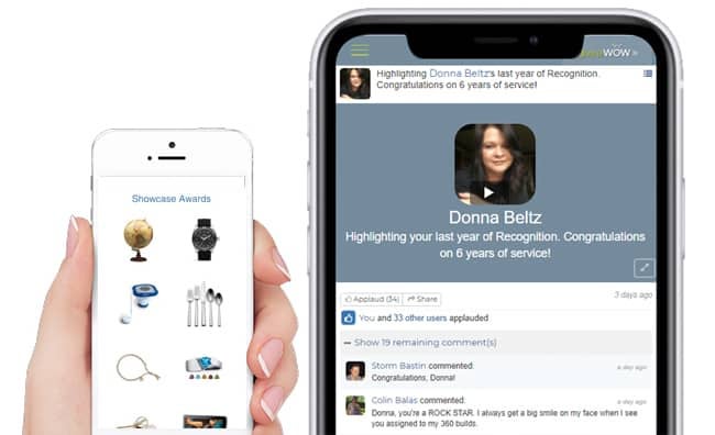 The right shows a hand holding a phone with a screen that is showing award options. On the left is a phone screen showing a 6 years of service award on the Give a WOW platform
