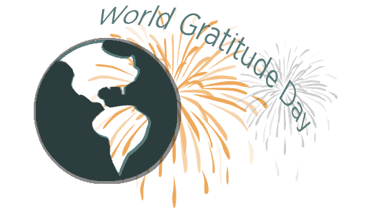 Graphic of dark gray Earth, orange firework and text that reads World Gratitude Day