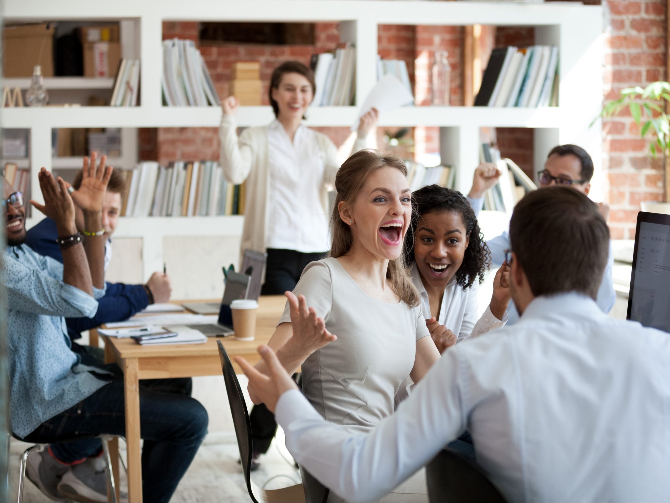 Excited,Diverse,Business,Team,Employees,Screaming,Celebrating,Good,News,Business