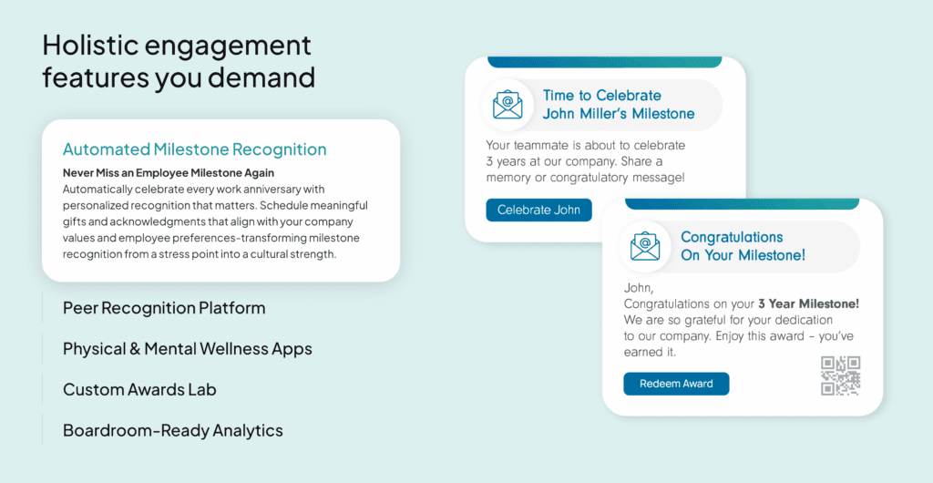 Holistic engagement features you demand: Automated Milestone Recognition, Peer Recognition, Physical and Mental Wellness Apps, Custom Awards, Analytics