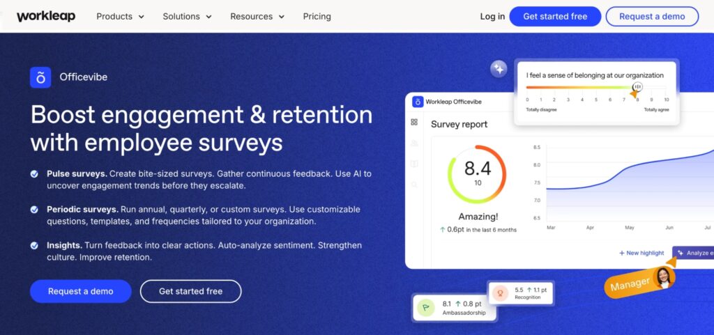 Officevibe homepage: Boost engagement and retention with employee surveys