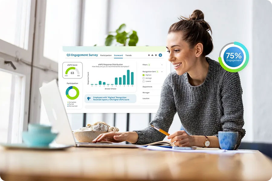 A woman in a sweater is smiling at her laptop with several screenshots around her showing engagement and her engagement survey results.
