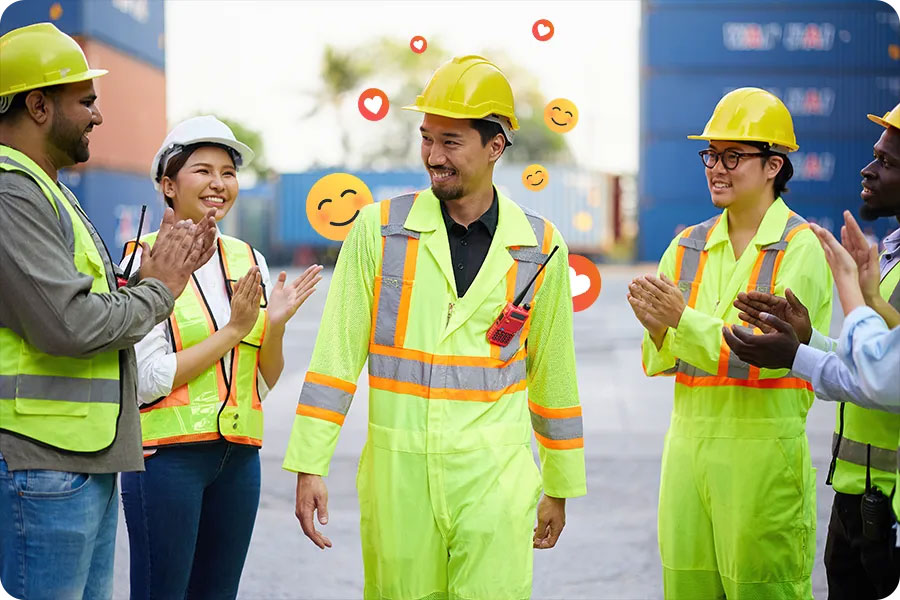 Several people in yellow safety vest and hard hats are clapping while a man in the middle, surrounded by emojis symbolizing support, smiles on.