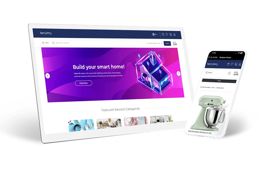 A screenshot of the Terry Berry platform on desktop and mobile, with the desktop showing a smart home ad on the shop, and the mobile view showing a kitchenaid mixer.