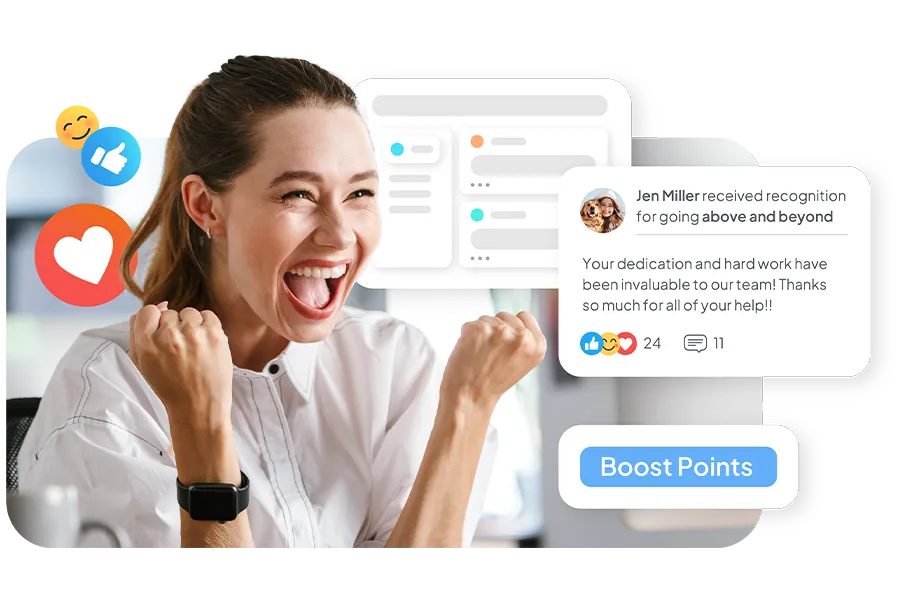 A woman in a white shirt is joyful and excited, while around her are emojis, a "Boost points" button, and a message that reads in part "Jen Miller received recognition for going above and beyond."