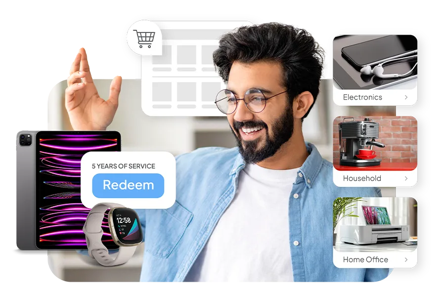A man in glasses and a denim shirt is smiling with one hand raised, around him are several gadgets and awards he can redeem for his 5 years of service, including a smart watch, electronics, a coffee machine, and a printer.