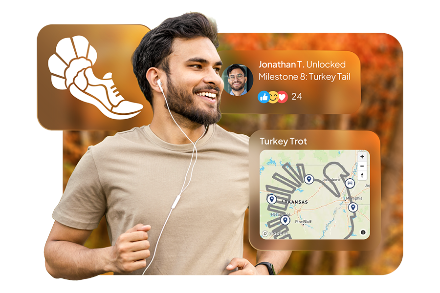 A man in a tan shirt with headphones is jogging. Around him are several screenshots of a turkey symbol on a map, an icon for an app, and a milestone award for "Turkey Tail".