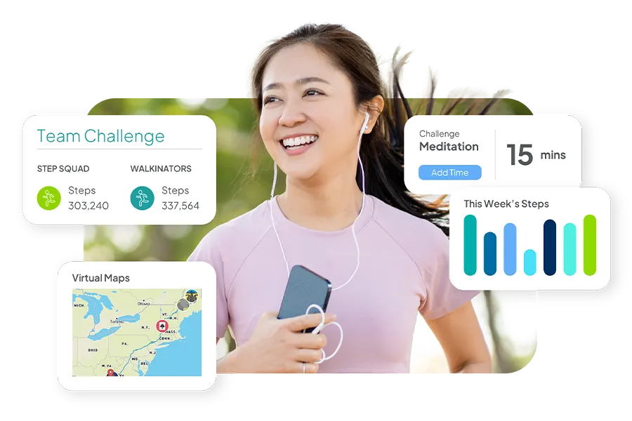 A woman in a pink shirt and with headphones and a phone is jogging. Around her are screenshots of a virtual map, a team challenge, a time duration, and her weekly step count.