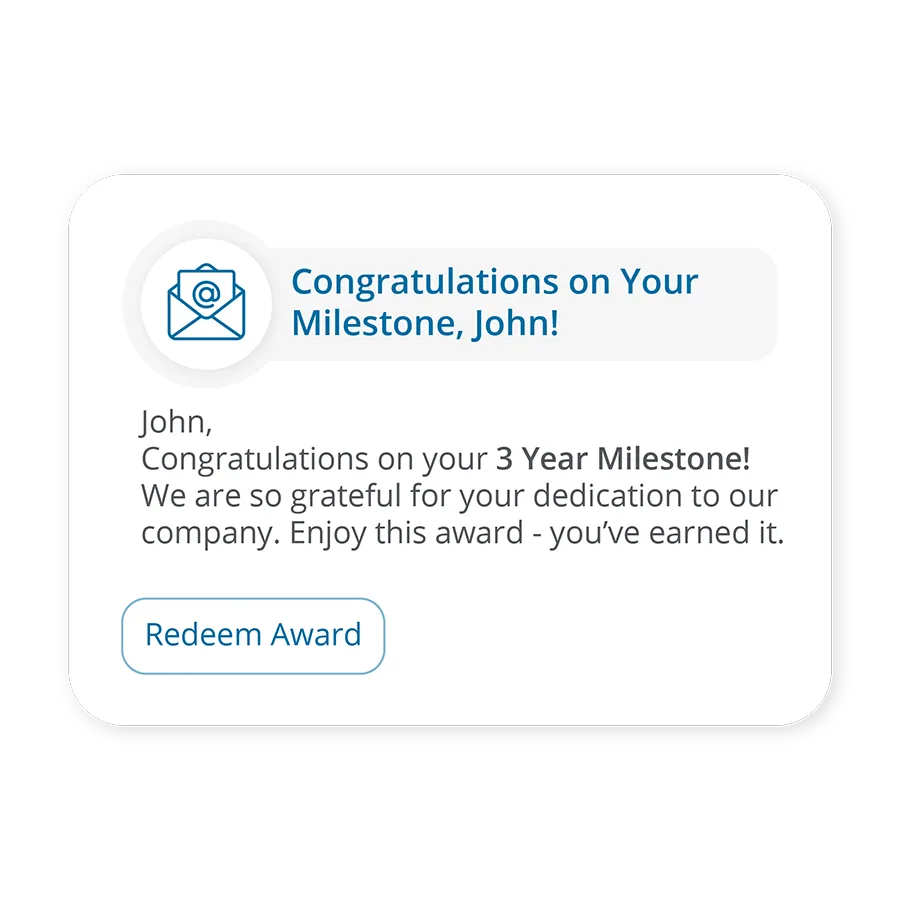 A notification from the Terry Berry app that reads "Congratulations on Your Milestone, John!" followed by a message from a manager and an option to redeem an award.