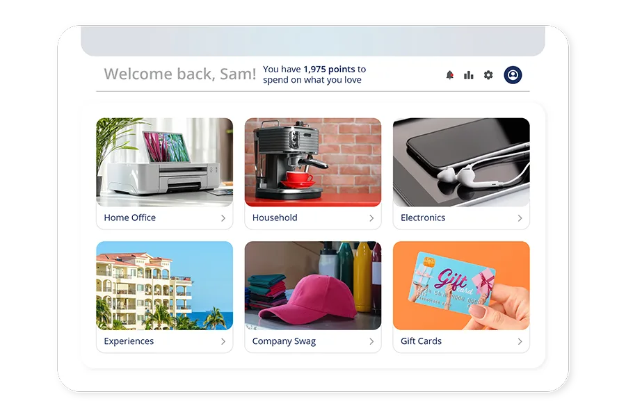 Several shopping categories are shown in the Terry Berry app, including Home Office, Household items, Electronics, and more. A message at the top reads "Welcome back, Sam! You have 1.957 points to spend on what you love."