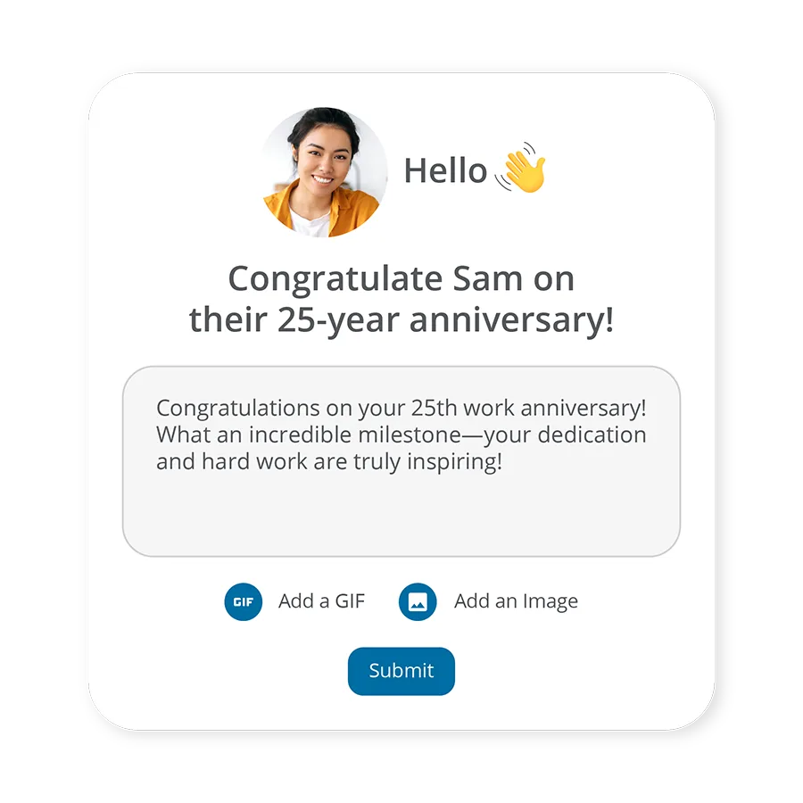 A notification from the Terry Berry app that reads "Congratulate Sam on their 25-year anniversary!" with a typed up message they can submit.