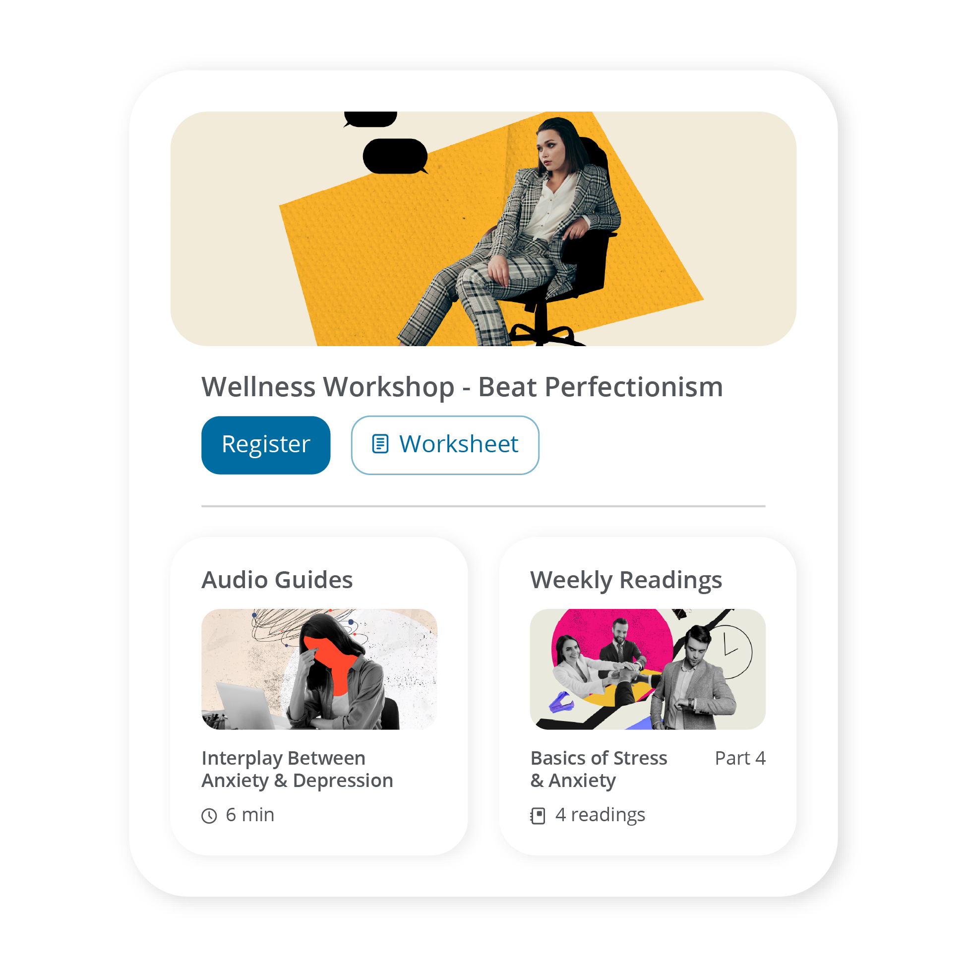 A screenshot of several resources from Terry Berry, including a Wellness Workshop event, an Audio guide, and a weekly reading blog post.