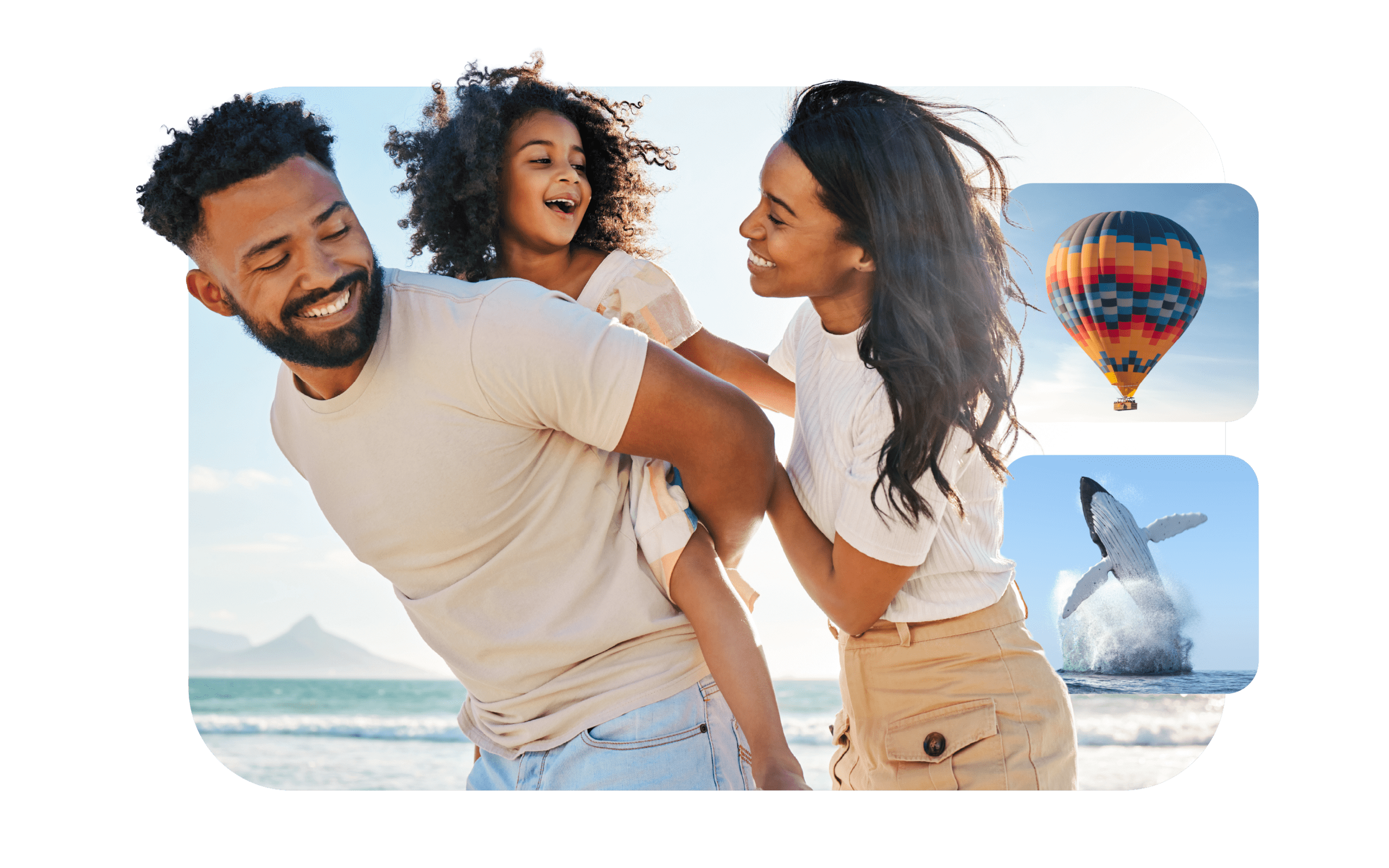 A family plays on the beach in a happy mood.