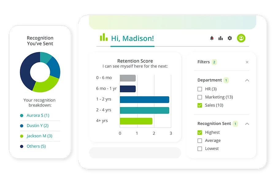 Two screenshots of modules in the Terry Berry app, one showing recognition sent, and the other showing retention score for Madison.