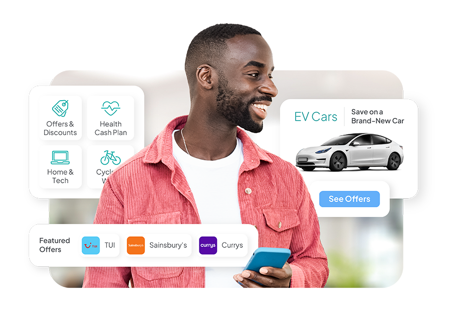 A smiling man uses his smartphone with screenshots of his options appear around him.