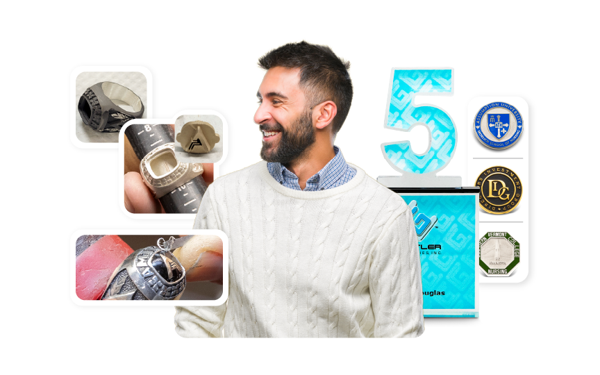 A smiling man shown from the elbow up surrounded by images of a ring going through the crafting stages, an acrylic milestone award, and three pins.