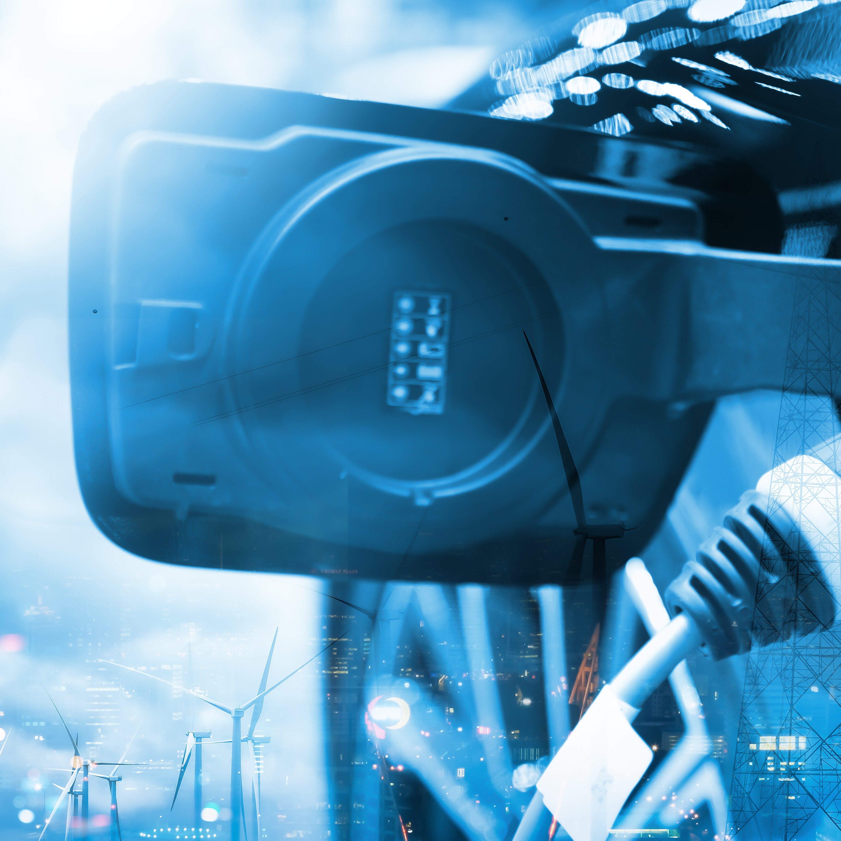 Charge EV car vehicle electric battery on station with wind turbine blue sky blur bokeh city on the panoramic background. Idea nature electric energy technology green eco concept. Double exposure.